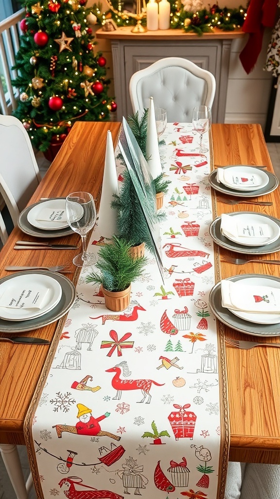 Christmas table setting with craft paper decorations, featuring a festive table runner and personalized place cards.